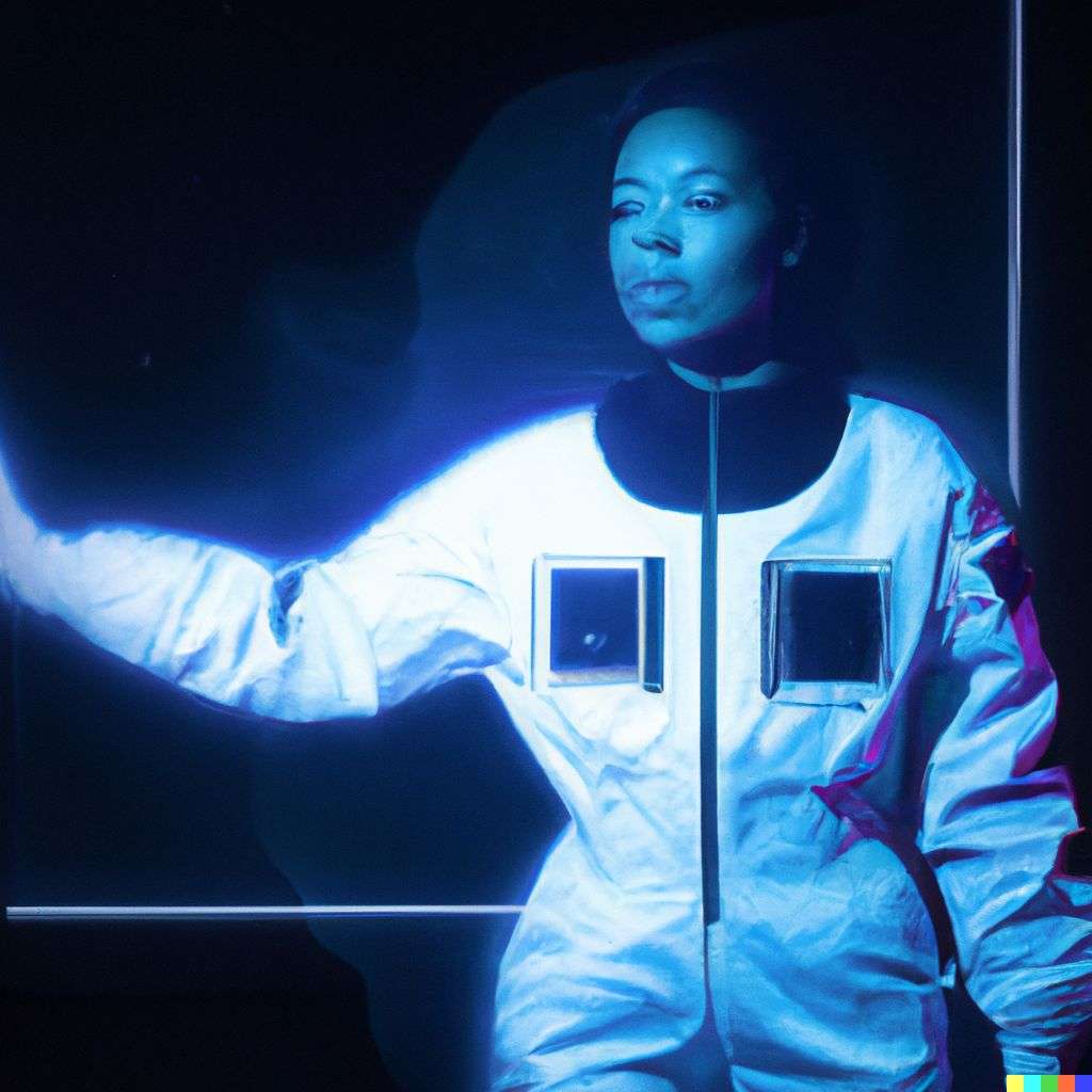 an astronaut, a hologram projection